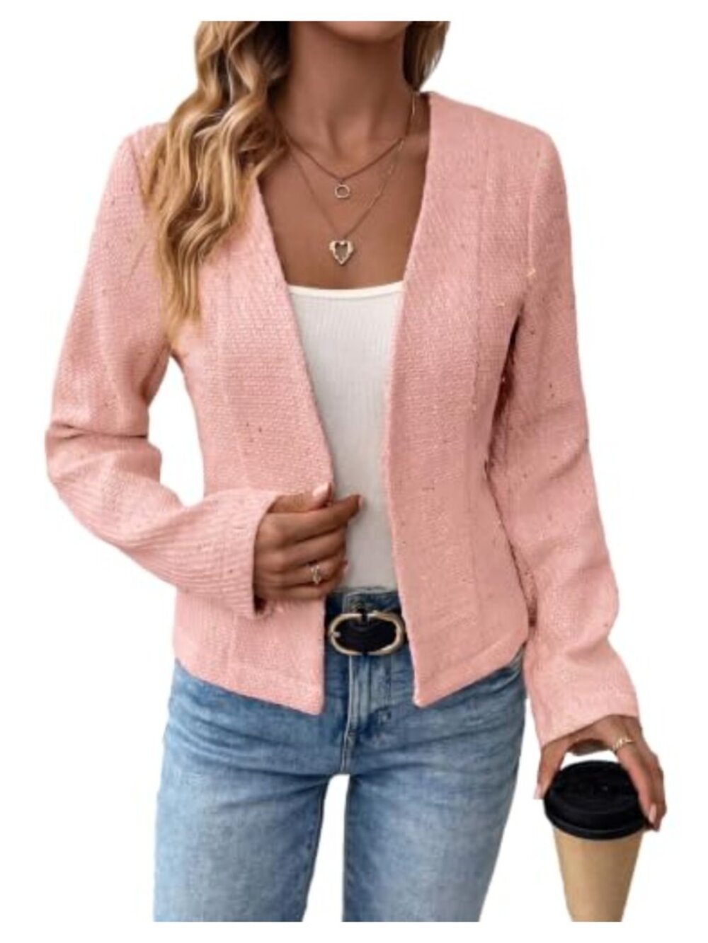 Tweed Blazer Collarless Open Front Cardigan Work Jacket